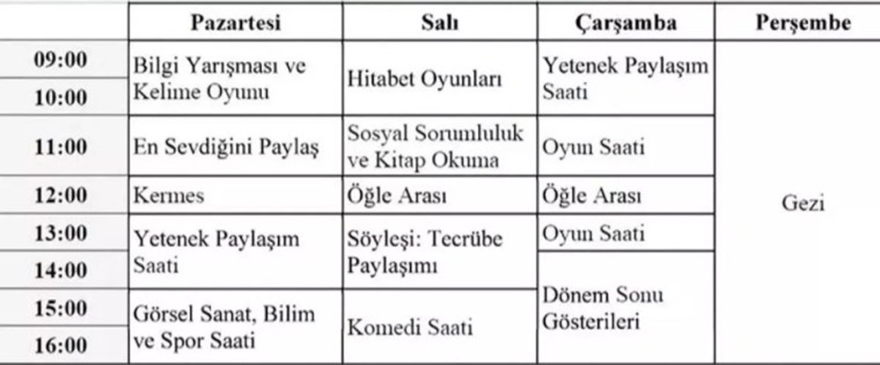 MEB SON HAFTA ETKİNLİK PROGRAMI TABLOSU