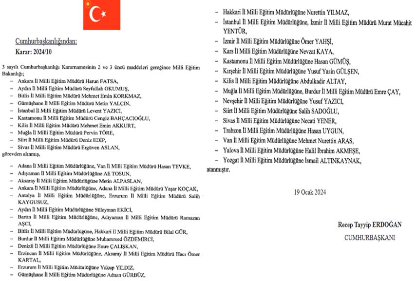 görevden alma, Erdoğan, Resmi Gazete, il milli eğitim müdürü, atama