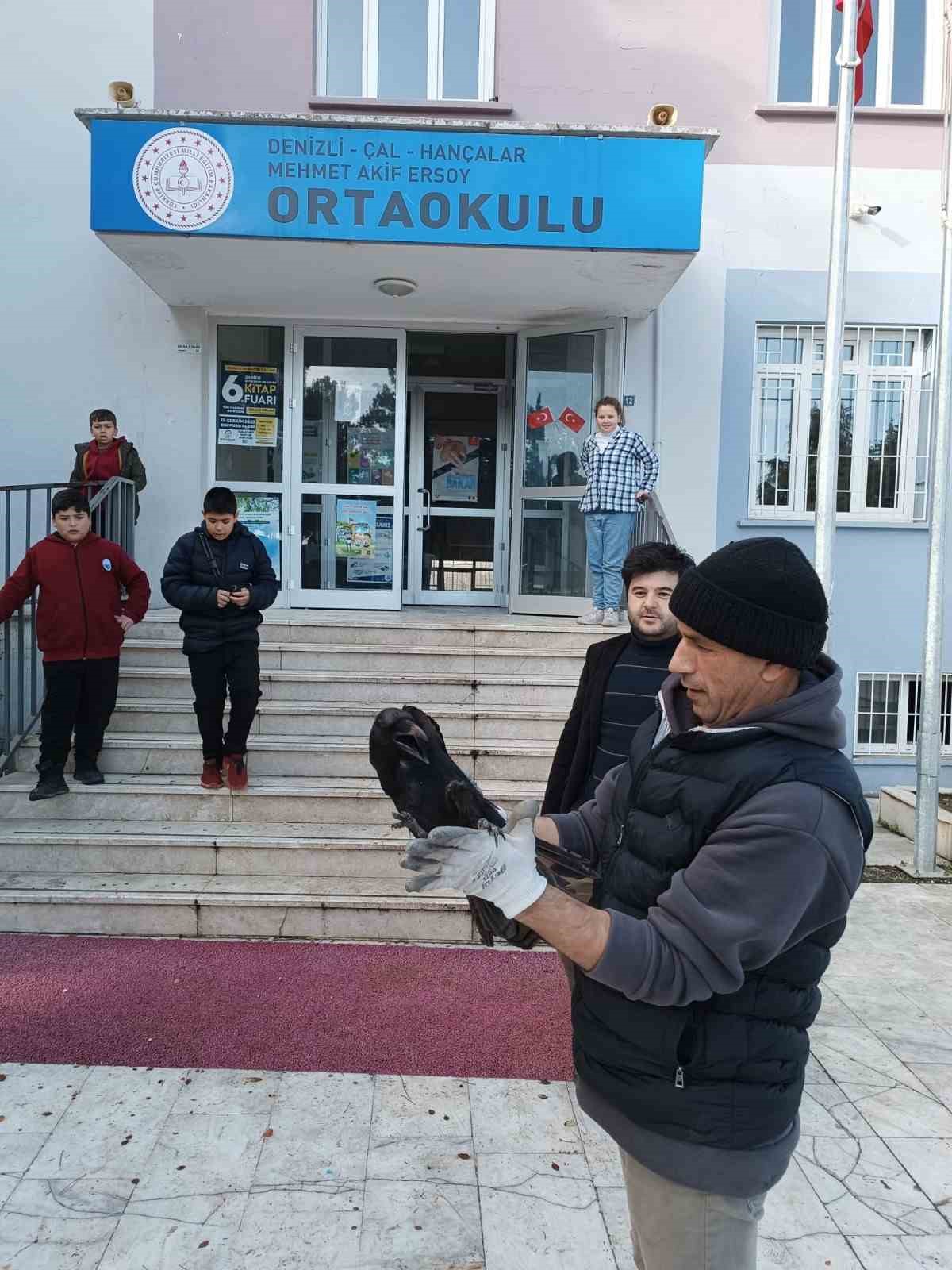Aç kalan kuzgun okul bahçesine düştü
