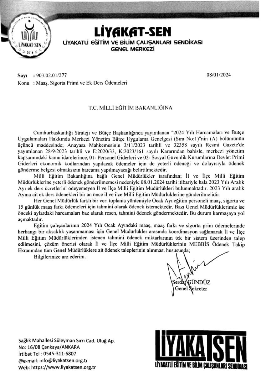Sendika Onerdi MEBden Maas Ve Ek Ders Ucreti Odeneklerine Yeni