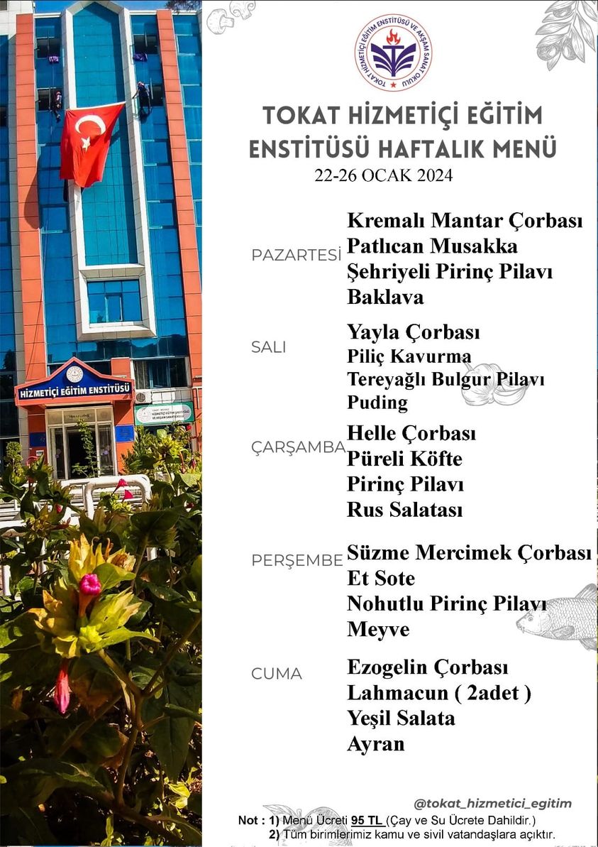 Tokat Ogretmen Evinin Lezzetli Haftalik Yemek Listesi