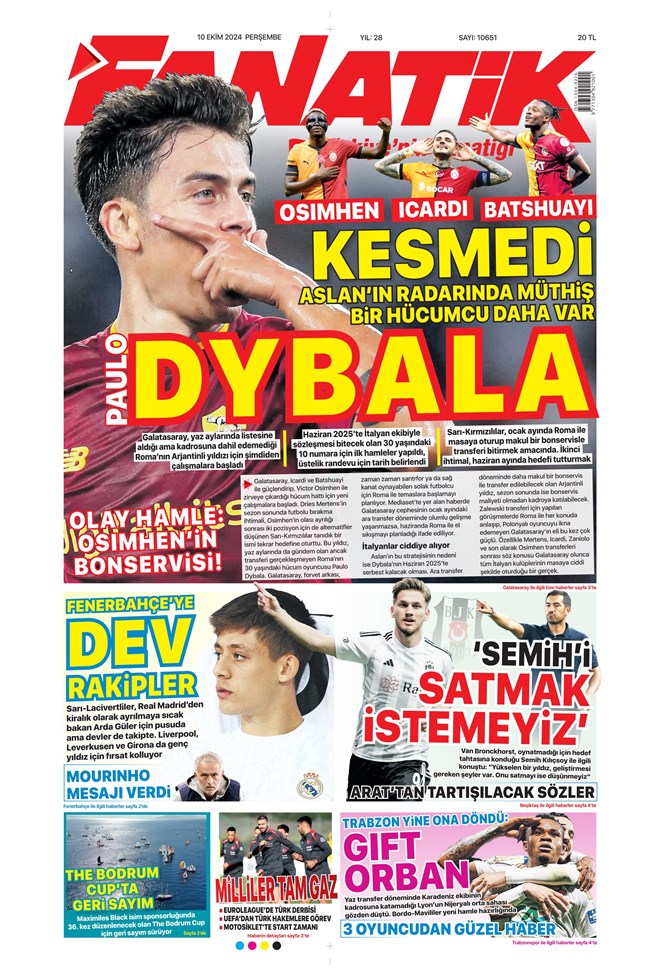 "Dybala bombası" | Sporun manşetleri (10 Ekim 2024)  - 1. Foto
