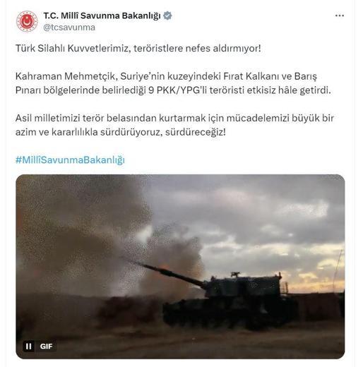 9 Teröristin Etkisiz Hale Getirildiği Operasyon Sonuçları Açıklandı MSB: 9 terörist etkisiz hale getirildi