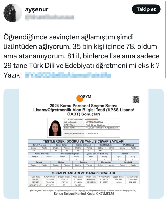 KPSS'de 78. olan öğretmen adayının isyanı: Üzüntüden ağlıyorum