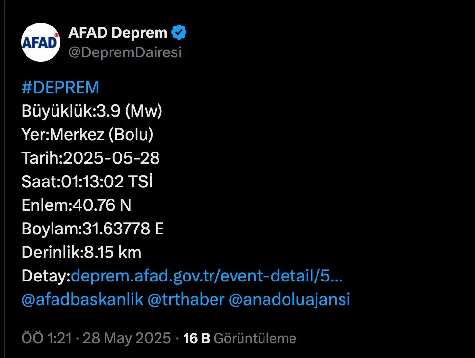 Bolu’da meydana gelen deprem