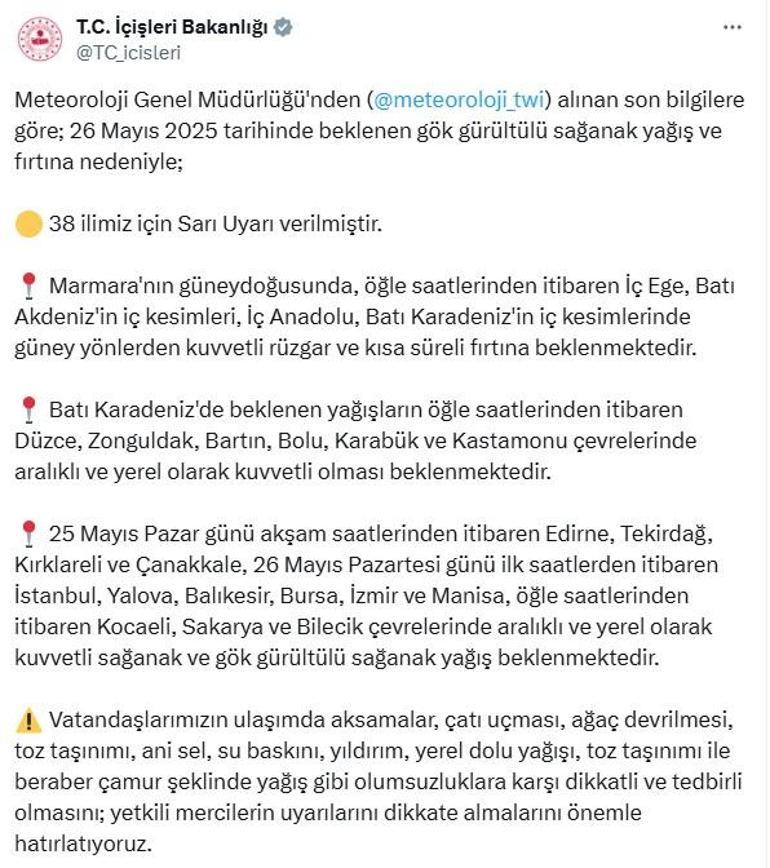 İçişleri Bakanlığı'ndan 38 Şehir İçin 'Sarı' Uyarısı Geldi! Yağış ve Fırtına Uyarısı
