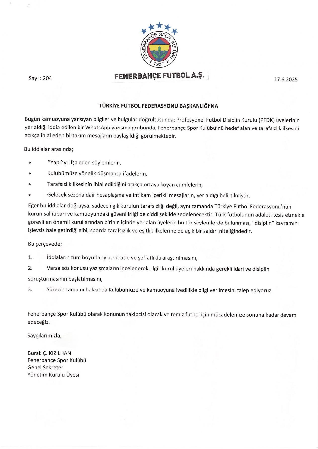 Fenerbahçe Açıklama