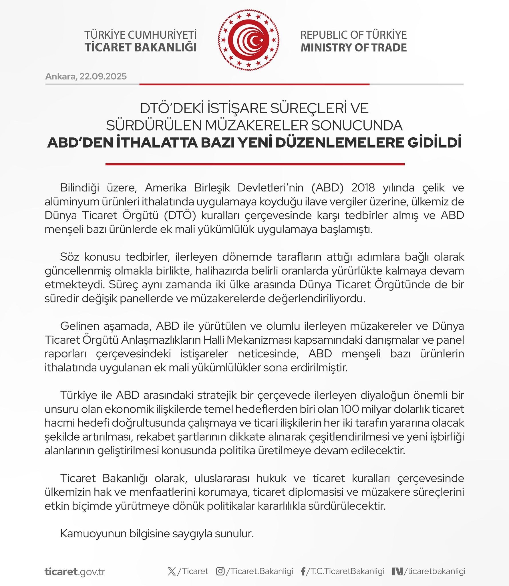 Ticaret Bakanlığı Açıklaması