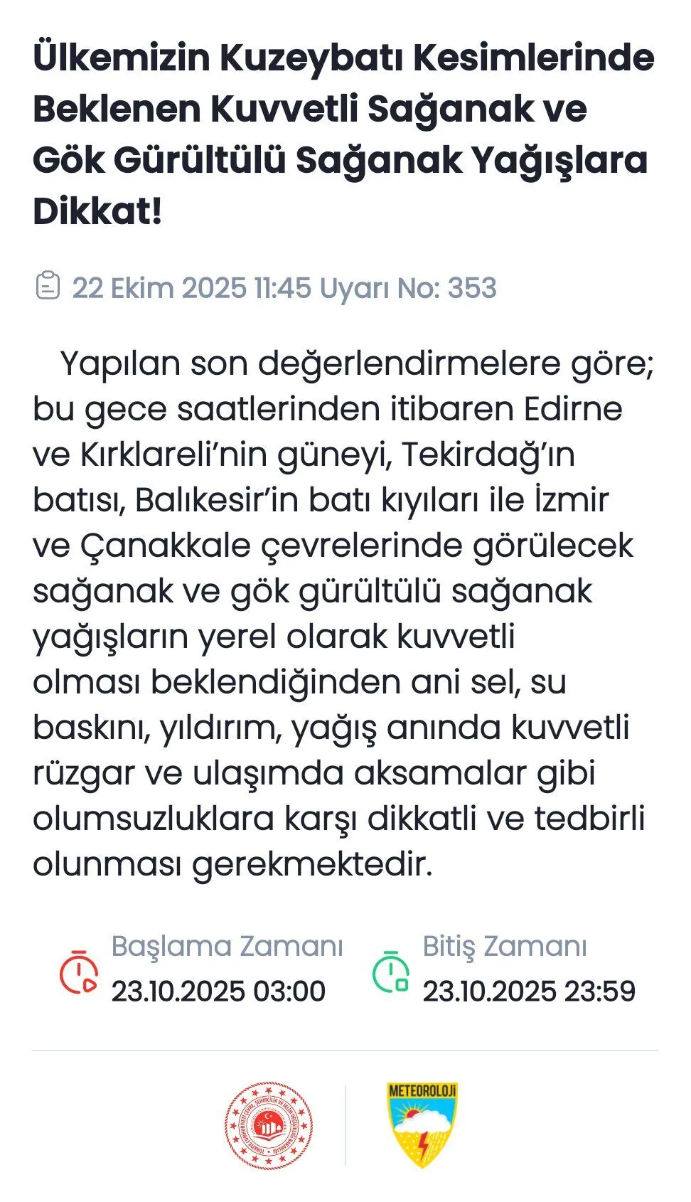 Yağış Uyarısı