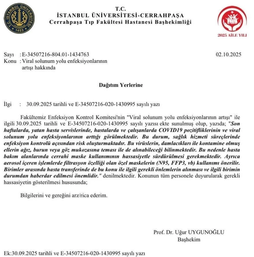 Başhekim'den doktorlara maske uyarısı: Cerrahpaşa'da Covid ve grip alarmı verildi