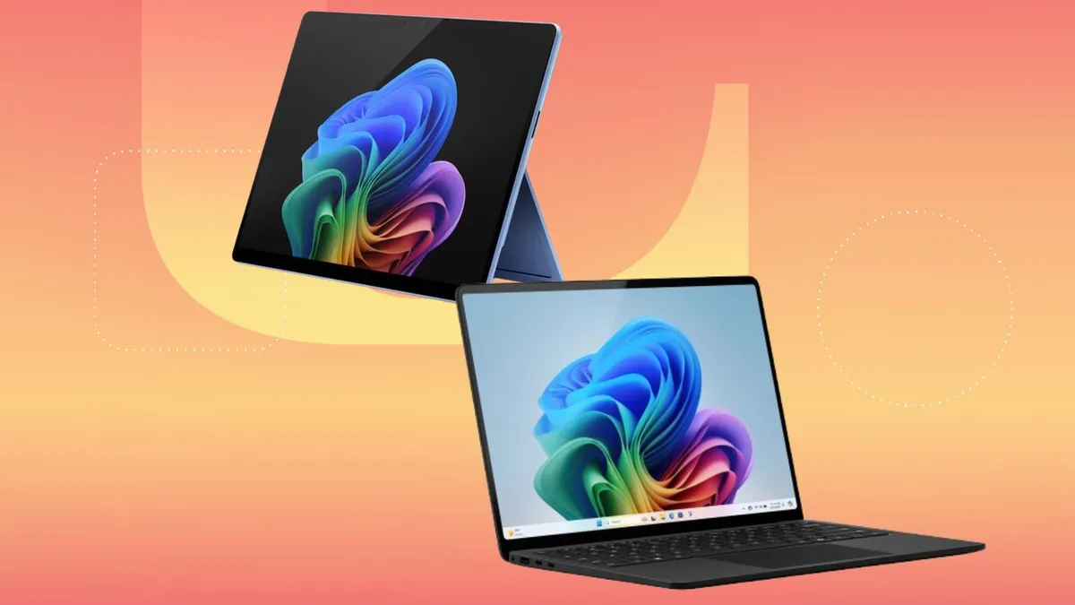Bugün Anlık: Yeni Microsoft Surface Pro 11 ve Laptop 7’de Global Fırsatlar! Microsoft Surface Pro and Surface Laptop on orange background